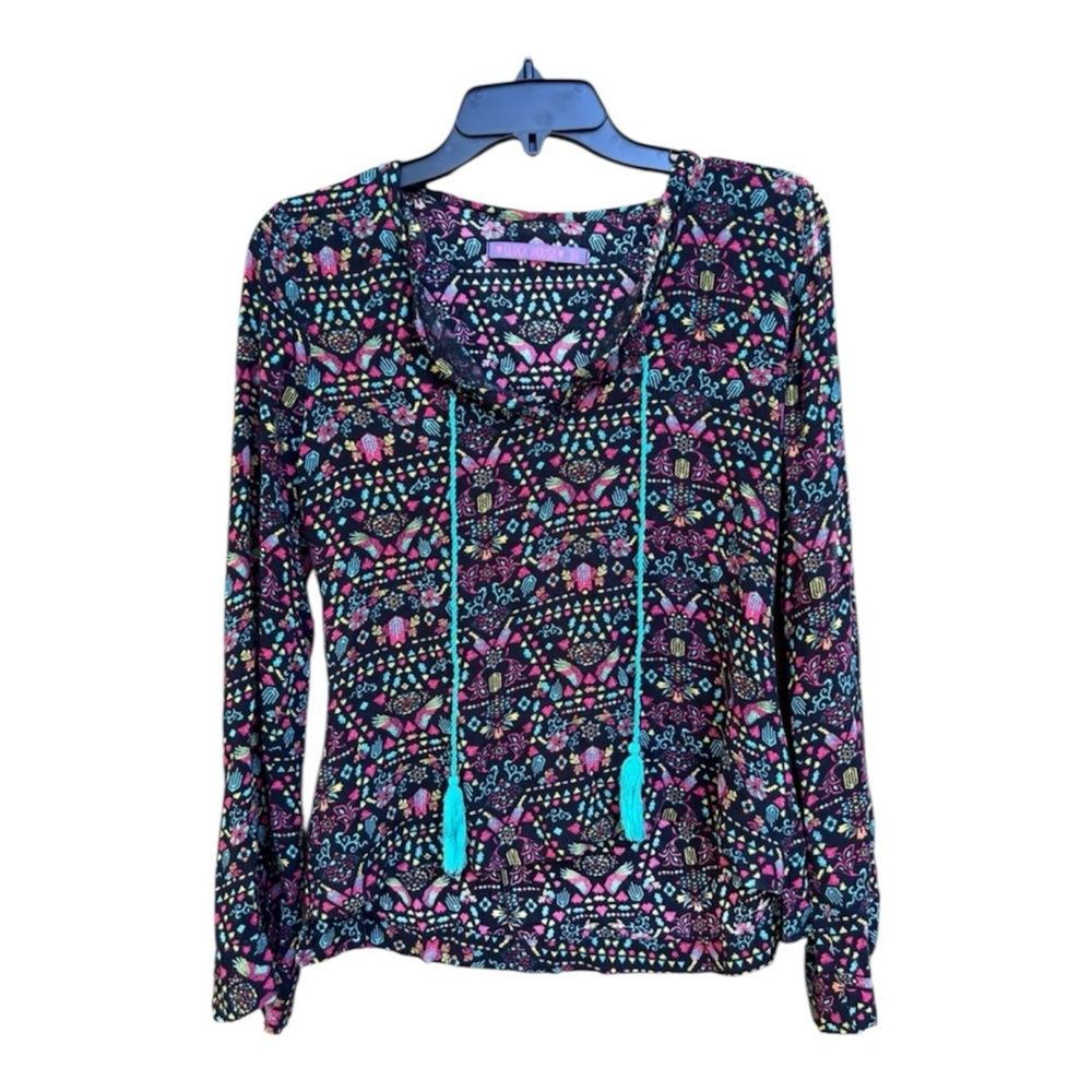 Clock House Multicolor Long Sleeve Tie Front Boho Pattern Blouse Relaxed Fit